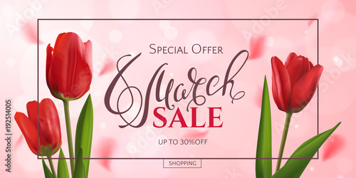 Vector romantic template of sale horizontal banner for Women’s Day with red realistic tulips and a frame. Holiday pink background with flower petals and text 8 March for discount and special offers.