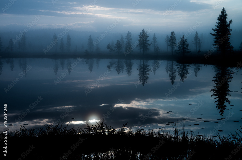 Calm reflections on a lake in Finnish Lapland