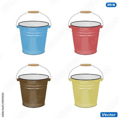 Enameled metal bucket in vector on white background.Enameled bucket vector illustration.Realistic enameled bucket.