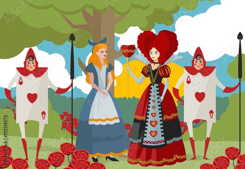 alice in wonderland with queen of hearts and card soldiers