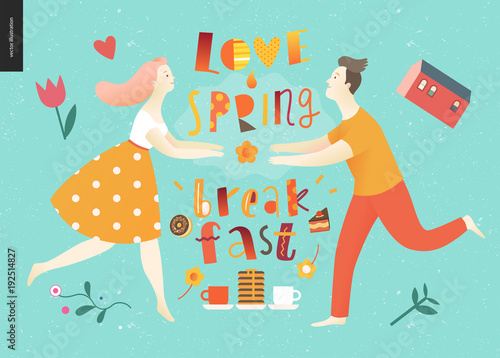 Love, spring, breakfast Lettering composition and a couple running towards to each other