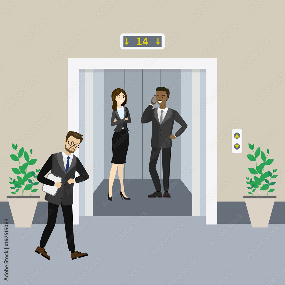 Cartoon business people in elevator and near and lift with open doors Cartoon business people in elevator and near and lift with open doors