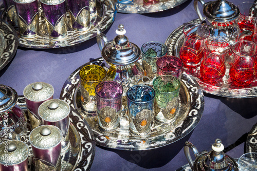 Traditional arabic tea sets in Marrakesh Morocco