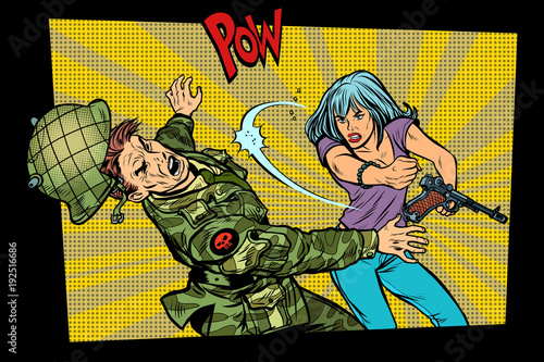 woman vs man. Civil beats invader military soldier