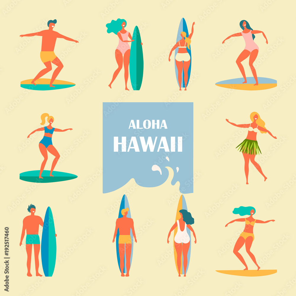 Different people with surfers illustration of a flat design Different people with surfers illustration of a flat design