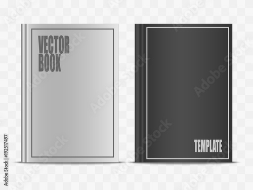 Vector realistic white and black book mock up isolated on transparent background. 3d vertical front view notebook mockup illustration for your design. Hardcover closed standing diary template