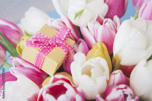 Gift with Fresh Spring Tulip Flowers
