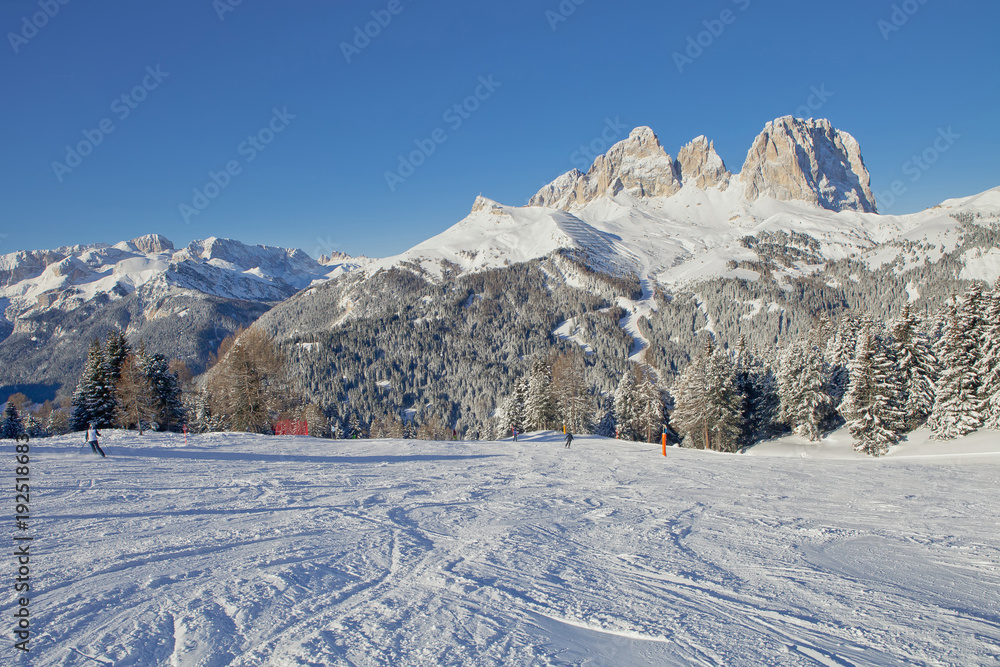 Obraz premium View of the Sassolungo (Langkofel) Group of the Italian Dolomites from the Val di Fassa Ski Area, Trentino-Alto-Adige region, Italy