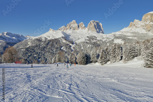 View of the Sassolungo (Langkofel) Group of the Italian Dolomites from the Val di Fassa Ski Area, Trentino-Alto-Adige region, Italy