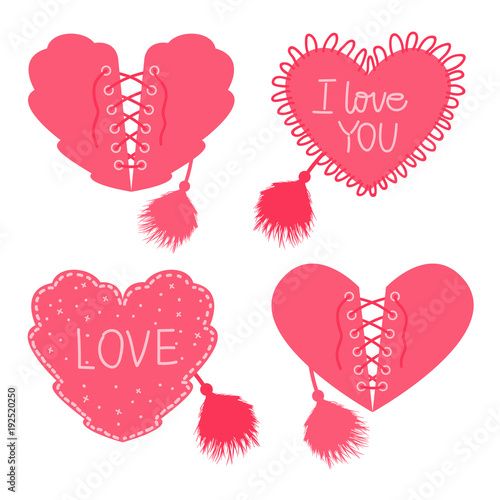 Set Hearts with lacing and corset with fur brush. Pink color. Vector illustration isolated on white background.