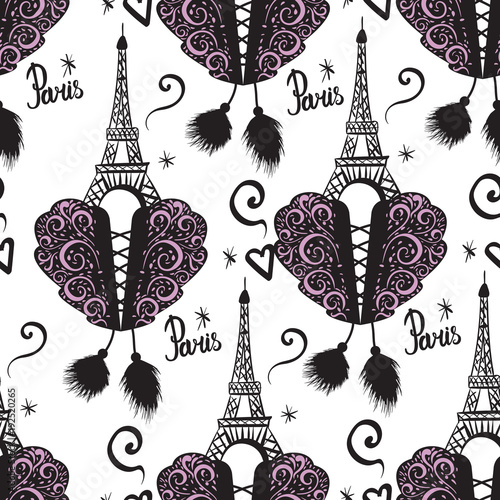 Corset lacing and black ink Eiffel Tower. Paris and corsets. Vector Seamless pattern isolated on white background.