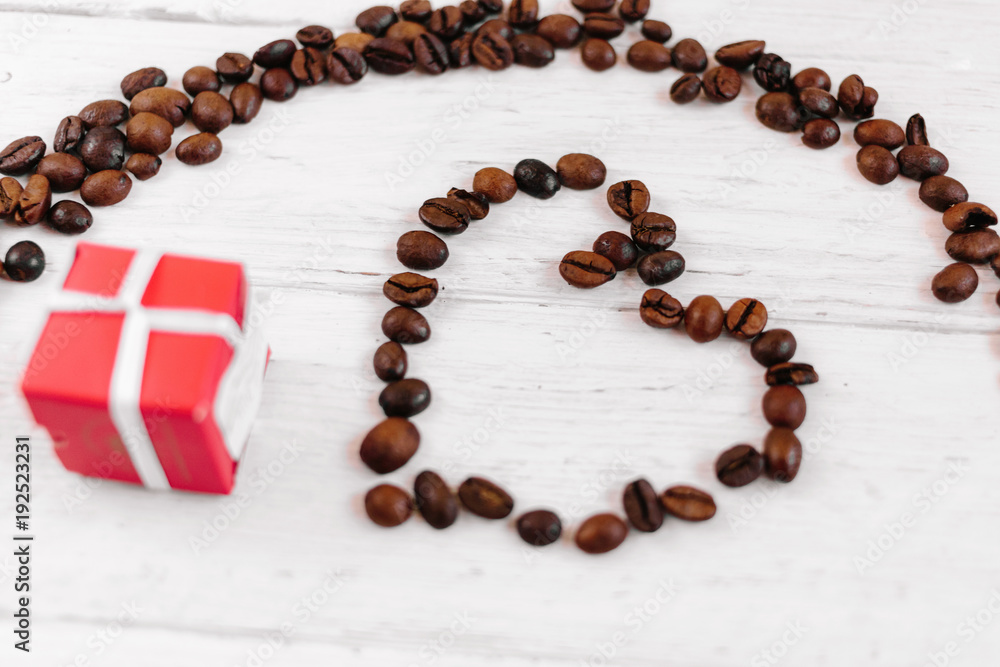 heart made of coffee beans, small red box heart made of coffee beans, small red box