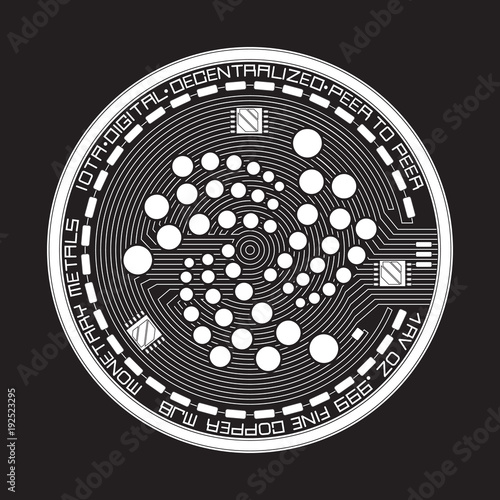 Crypto currency white coin with black iota symbol on obverse isolated on black background. Vector illustration. Use for logos, print products, page and web decor or other design. photo