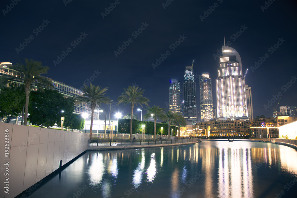 Dubai downtown night scene with city lights