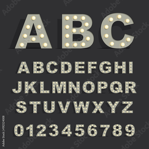 Font with lamps on black background
