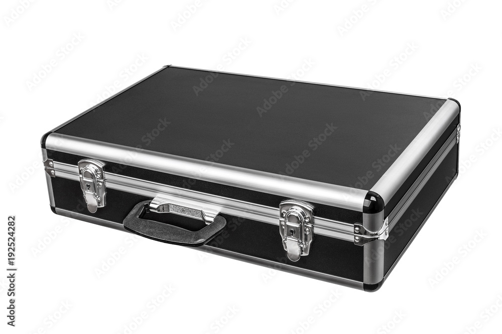 Black padded aluminum briefcase case with metal corners isolated on white Black padded aluminum briefcase case with metal corners isolated on white