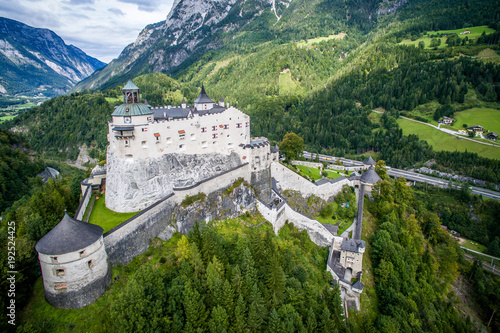 Festung Hohenwerfen. royal castle on a high mountain, a view of the valley between the Alps. View from above, Werfen. Burg Hohenwerfen
