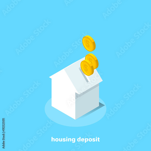 house piggy bank with a slot in the roof and falling into it coins, an isometric image