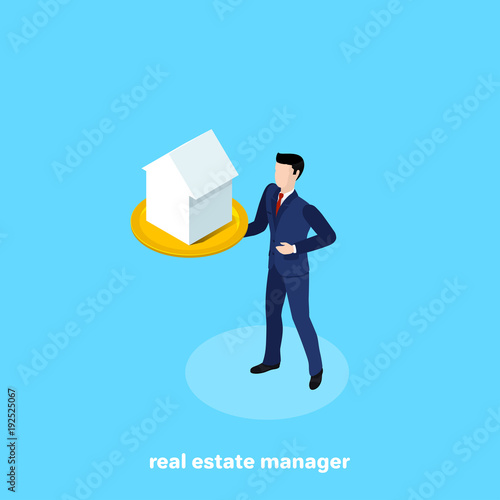 a man in a business suit holds a tray on which is the house, an isometric image