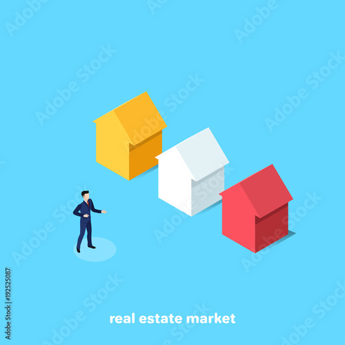 a man in a business suit sells housing, an isometric image