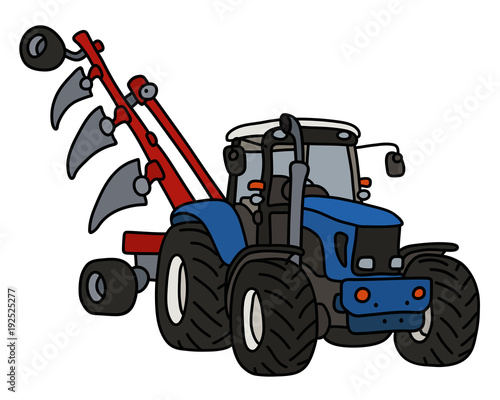 The blue tractor with the plow
