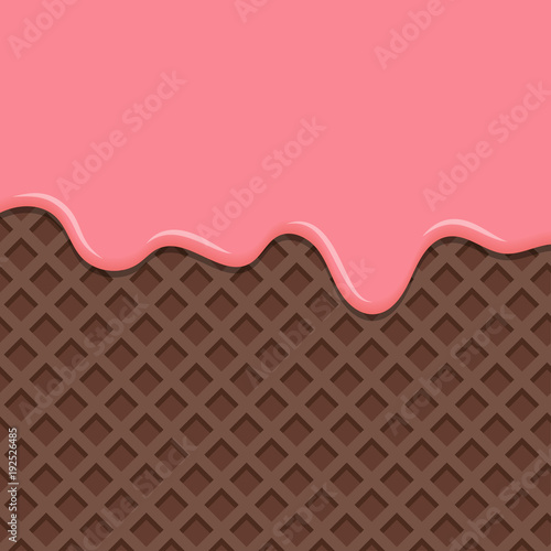 Dessert with pink cream, melted on wafer background.