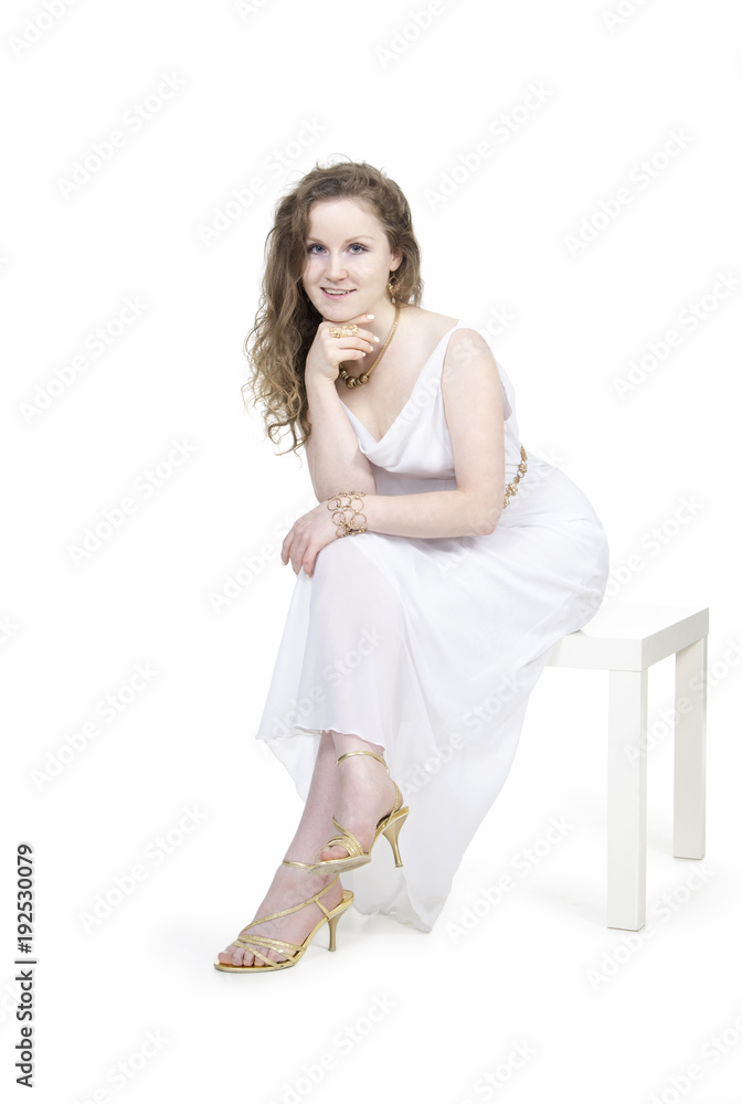 Emotions of beautiful girl in a white dress. Emotions of beautiful girl in a white dress.