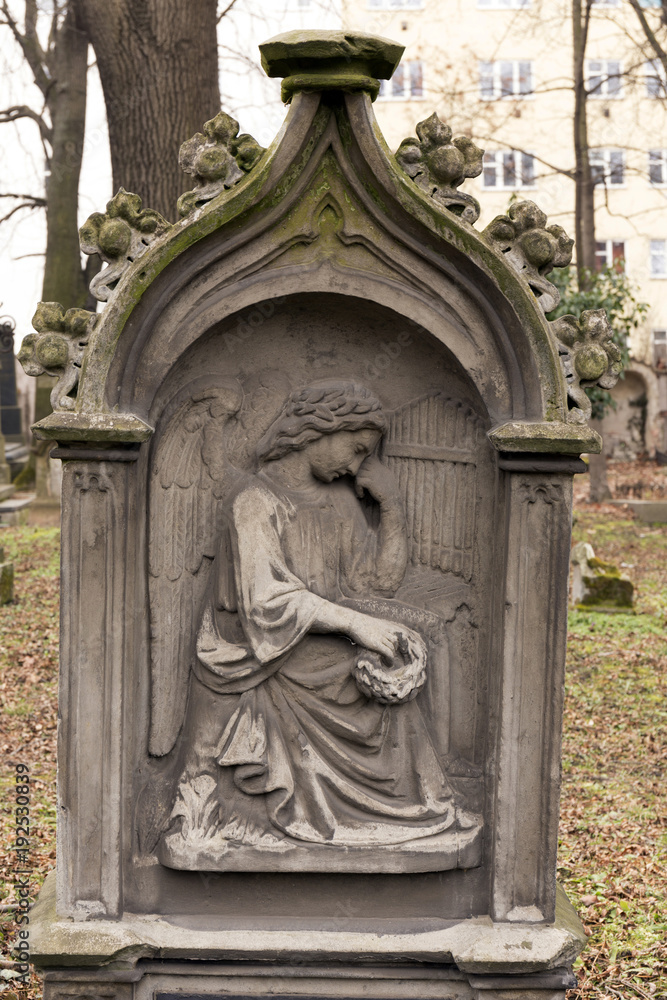 Historic sculpture from the mystery old Prague Cemetery, Czech Republic