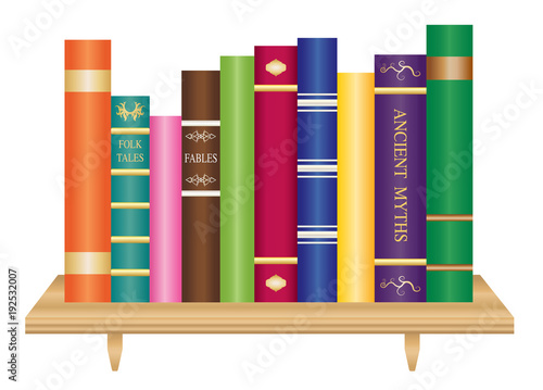 Wooden book shelf with old and colorful books