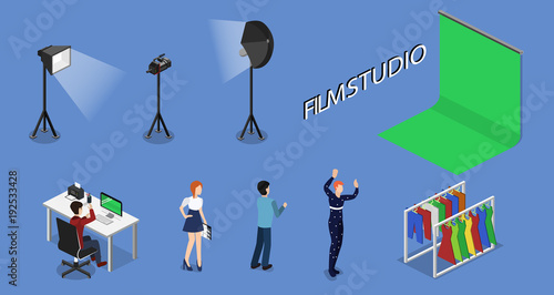 Movie set, photoshoot with staff and actors isometric 3D vector illustration