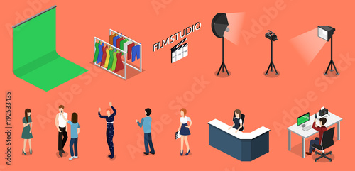 Movie set, photoshoot with staff and actors isometric 3D vector illustration