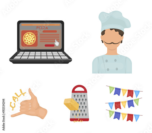 Cook, order by phone, grated cheese, ordering a face gesture.Pizza and pizzeria set collection icons in cartoon style vector symbol stock illustration web.