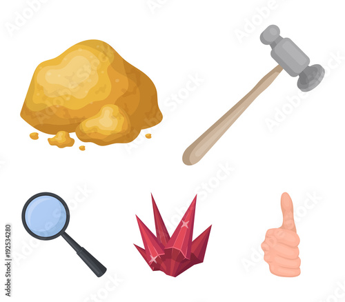 A jeweler's hammer, a magnifier, a copper ore, a crystal. Precious minerals and a jeweler set collection icons in cartoon style vector symbol stock illustration web.