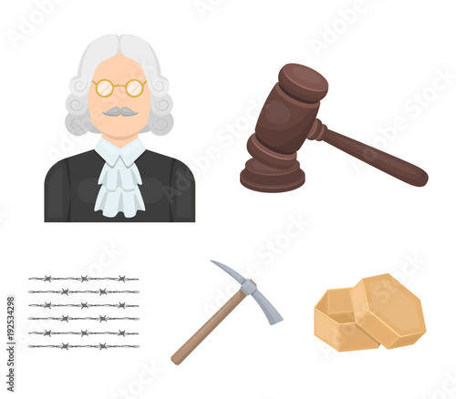 Judge, wooden hammer, barbed wire, pickaxe. Prison set collection icons in cartoon style vector symbol stock illustration web.