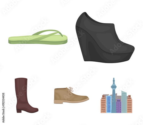 Autumn black shoes on a high platform, flip-flops green for relaxation, sandy men's autumn shoes, high brown boots. Shoes set collection icons in cartoon style vector symbol stock illustration web.