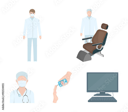 Doctor in a face mask, dentist, medical staff, a blood test for sugar. Medicineset collection icons in cartoon style vector symbol stock illustration web.