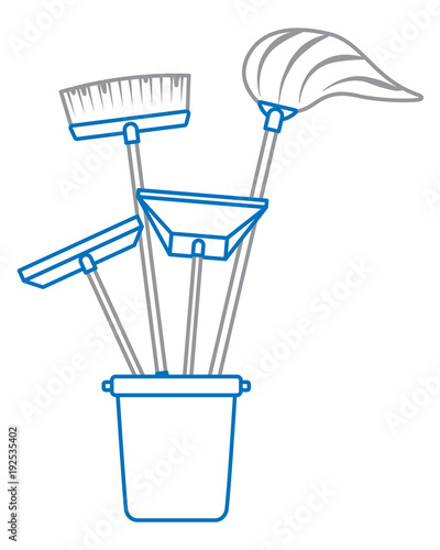 cleaning objects plastic bucket full of janitor cleaning helpful vector illustration blue and gray line design