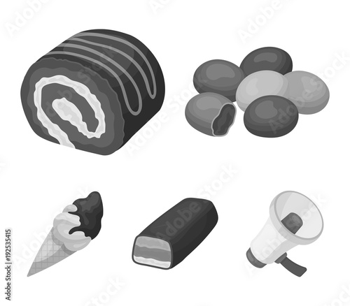 Dragee, roll, chocolate bar, ice cream. Chocolate desserts set collection icons in monochrome style vector symbol stock illustration web.