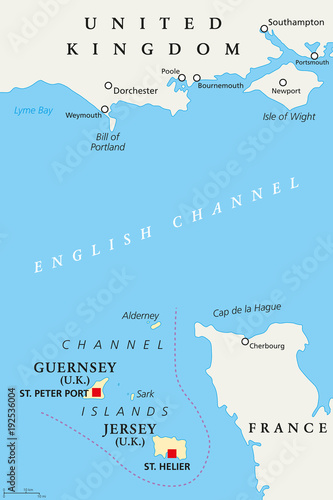 Channel Islands political map. Crown dependencies Bailiwick of Guernsey and Bailiwick of Jersey with capitals. Archipelago off the french coast of Normandy. English labeling. Illustration. Vector.