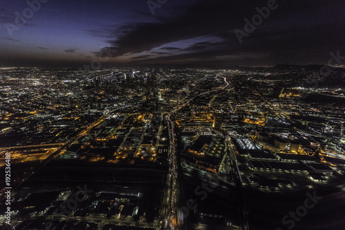 Night aerial view of the Hollywood 101 freeway passing through downtown Los Angeles California. © trekandphoto