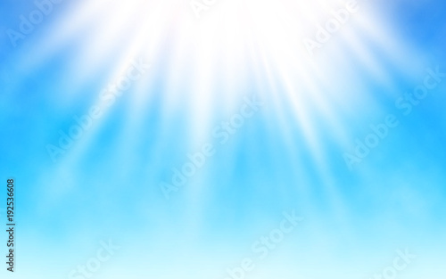 Shining sun on blue sky. White clouds and bright sun rays. Warm summer day. Realistic vector illustration