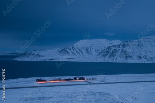 northern Arctic Ocean airport Spitsbergen Svalbard Longyearbyen city polar night winter