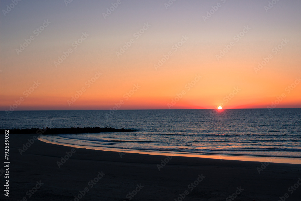 Sunset. Cádiz beach in the evening. Cádiz, Spain.