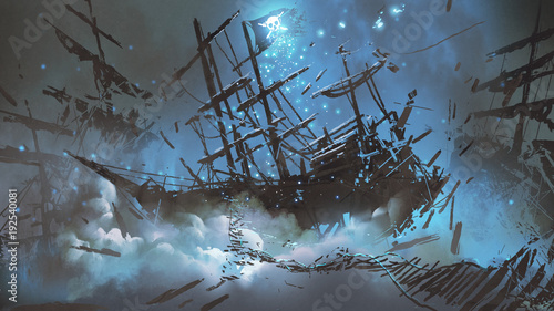 wraki statków z piracką flagą czaszki wypełnioną cząstkami i pyłem unoszącymi się na nocnym niebie, cyfrowy styl sztuki, malowanie ilustracji
