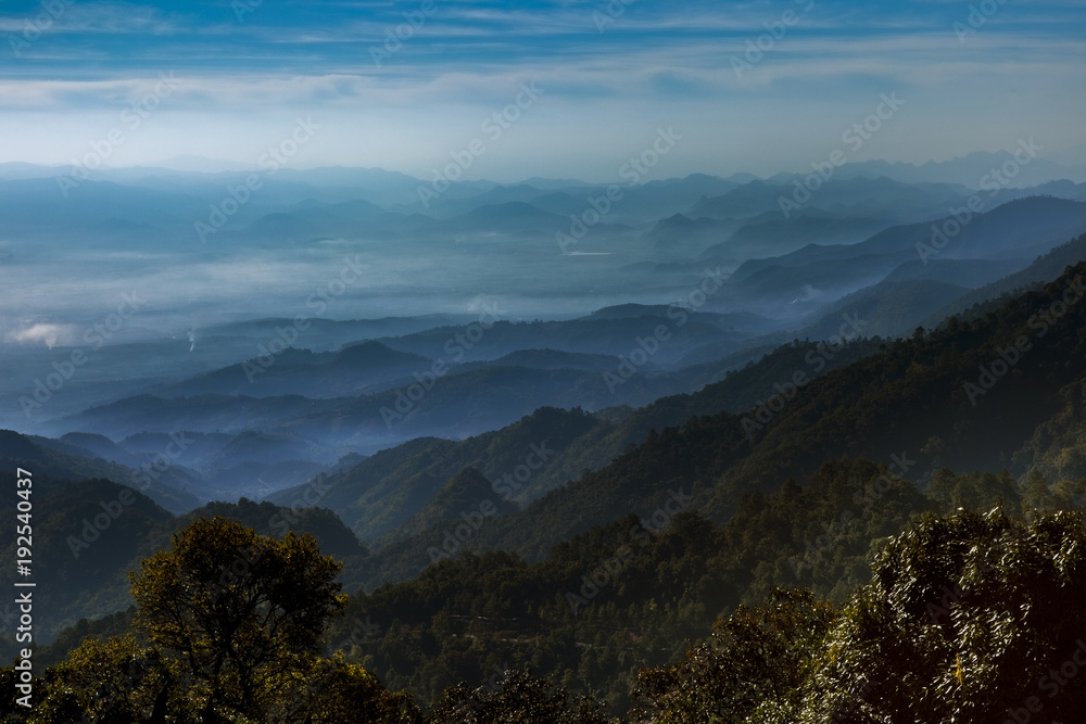 mountain layers scene of doi ang khang most popular winter traveling destination in chiangmai northern of thailand