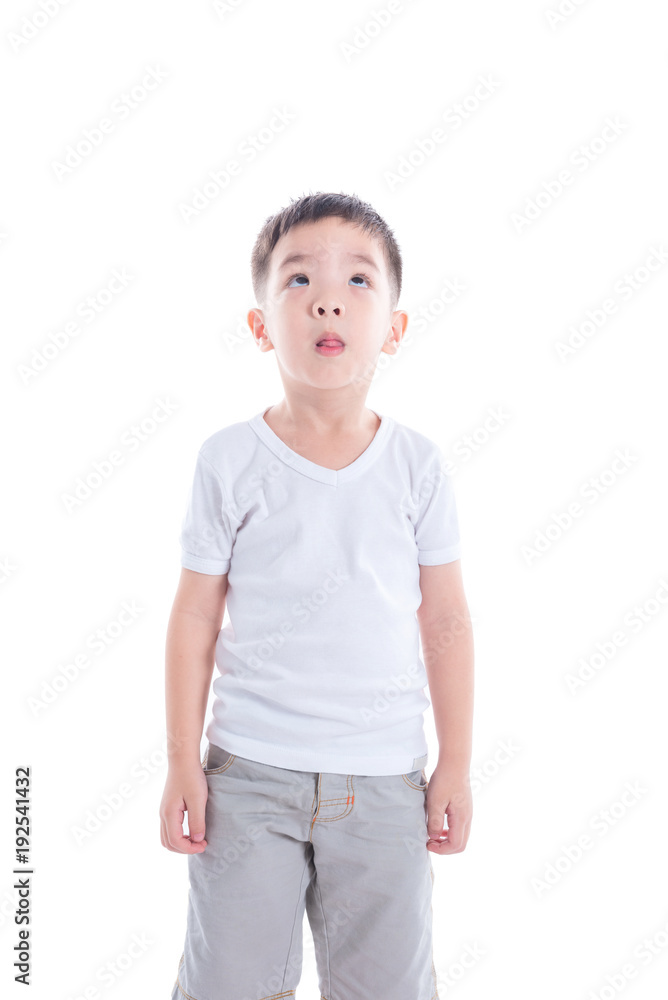 Little asian boy in white T-shirt standing over white background Little asian boy in white T-shirt standing over white background