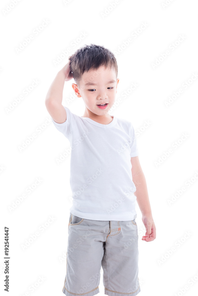 Little asian boy in white T-shirt standing over white background Little asian boy in white T-shirt standing over white background
