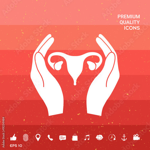 Hands holding Female uterus - protection icon