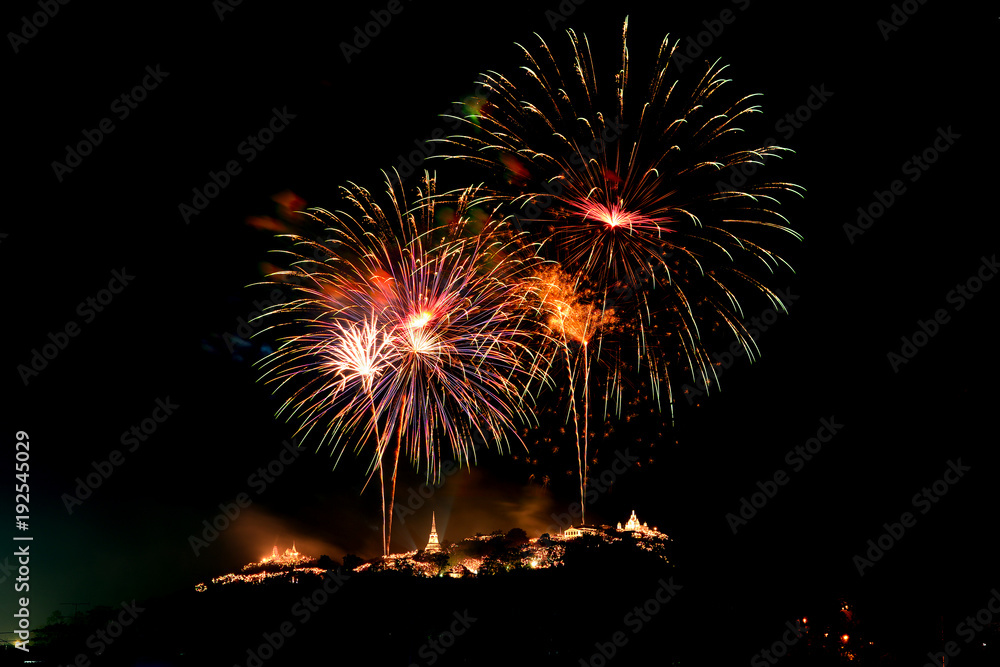 Firework over the mountain in the festival (Phra Nakhon Khiri) at Phetchaburi, Thailand. The castle on the mountain was built in the reign of King Rama IV. Firework over the mountain in the festival (Phra Nakhon Khiri) at Phetchaburi, Thailand. The castle on the mountain was built in the reign of King Rama IV.