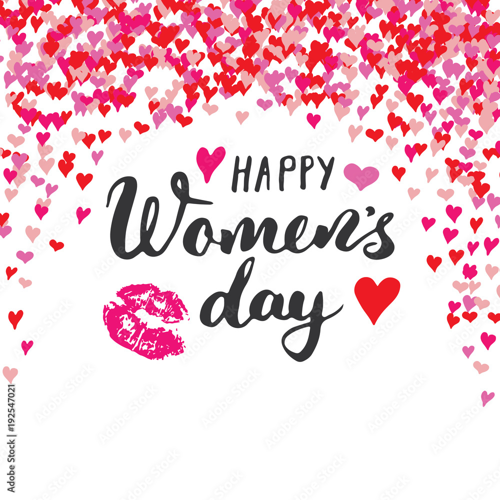 Fototapeta premium Happy Women's Day greeting card Hand lettering. Holiday grunge textured retro design vector illustration